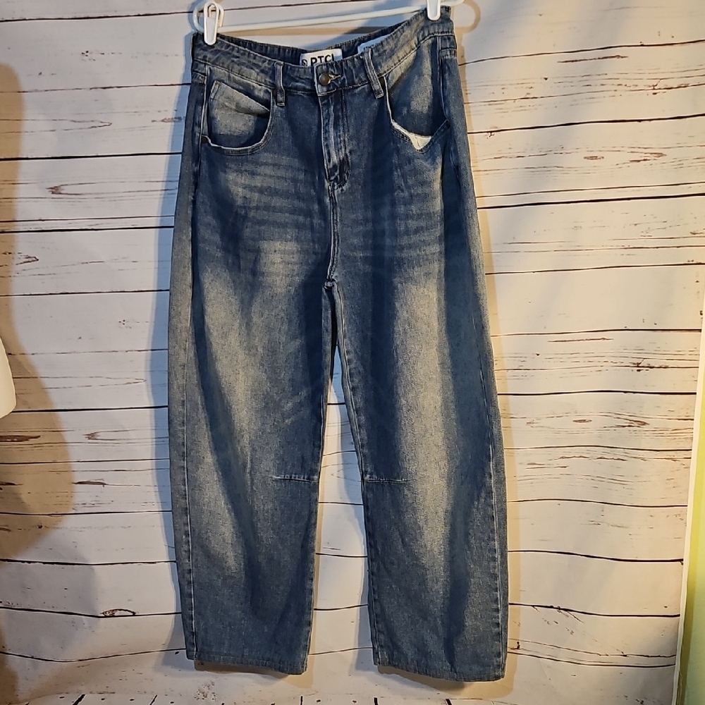 PTCLWide Leg Jeans High Rise‎ Distressed Relaxed Fit Denim Blue Size 28